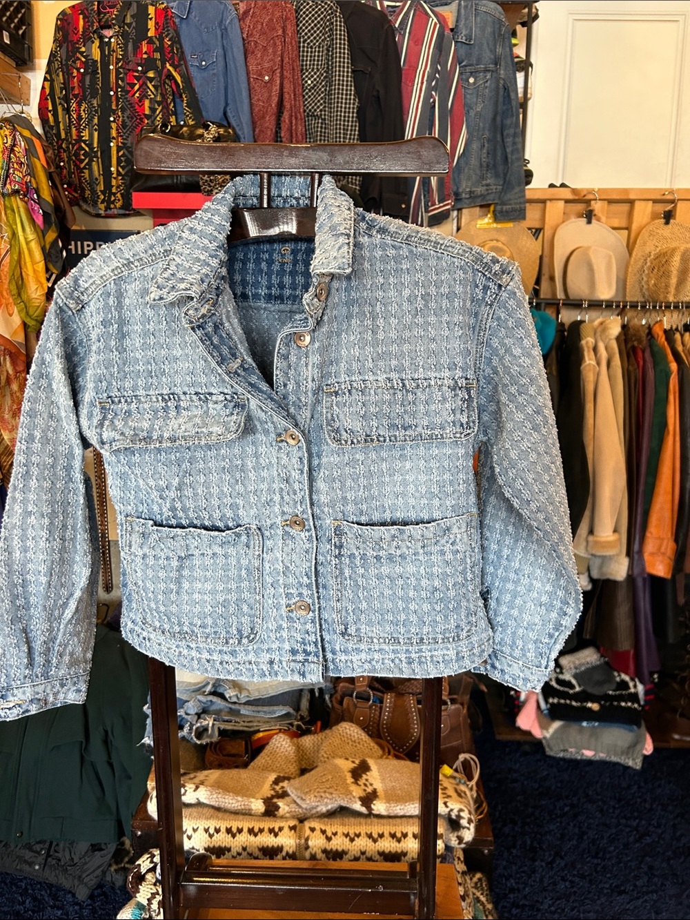 CREAM Cropped Light Blue Textured Denim Jacket with oversized pockets